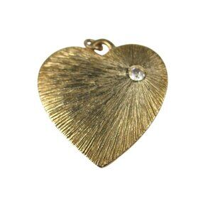 Goldtone Heart Pendant Textured Finish Clear Rhinestone Vintage 1960s